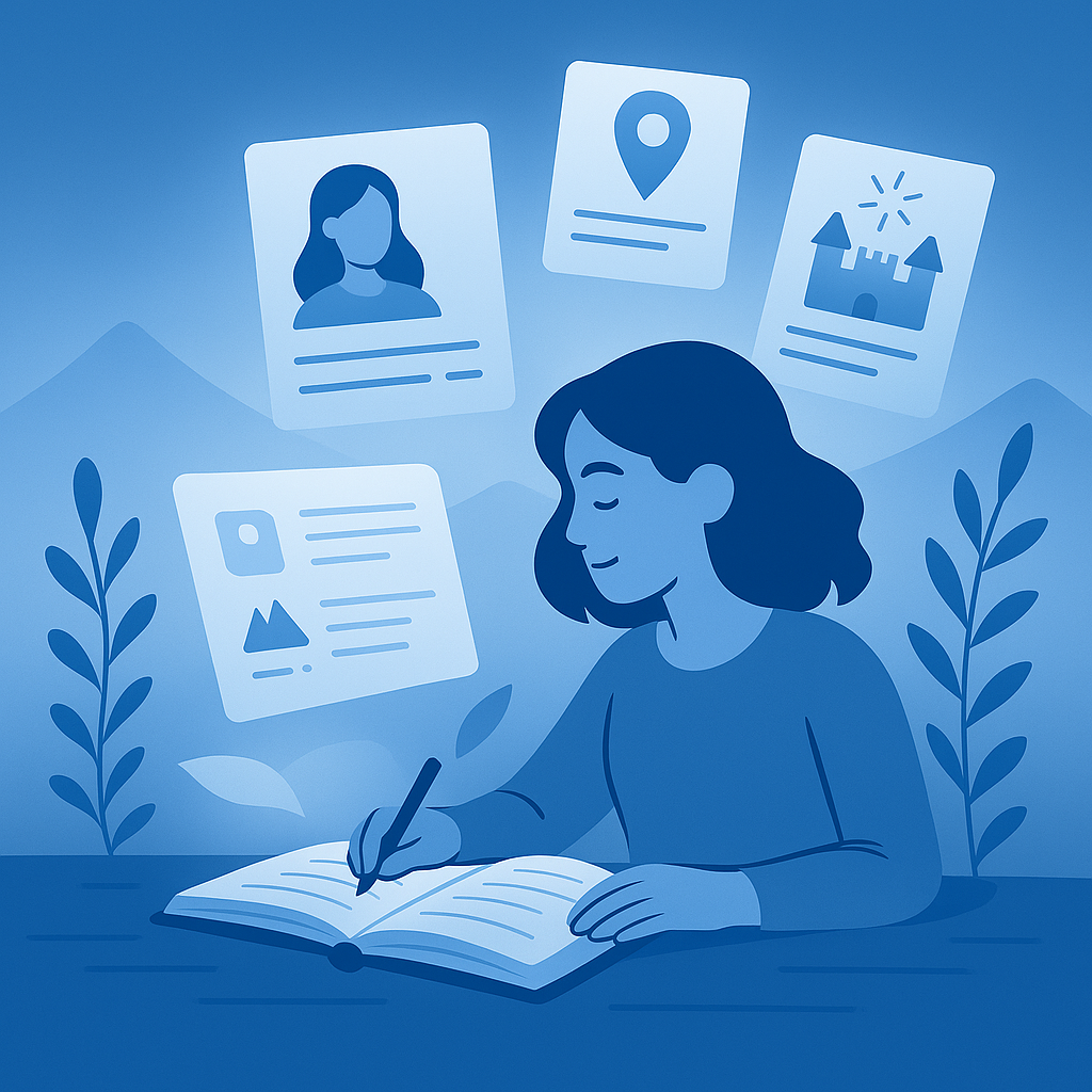 Fiches créatives : personnages, lieux, événements